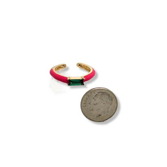 Gold-Tone Baguette Green Glass Stone and Pink Enamel Stack Ring Adjustable Size - Picture 3 of 3
